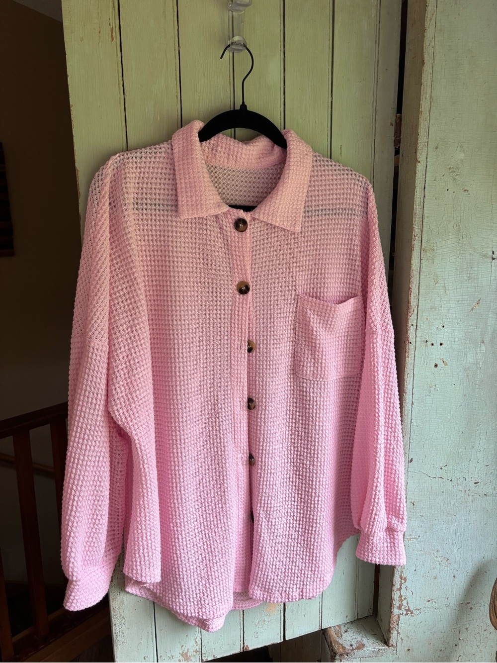 Soft Pink Waffle-Knit Button-Front Cardigan Shirt